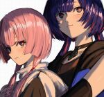  2girls behind_another black_shirt blue_eyes blue_hair blush closed_mouth detached_sleeves from_side hair_over_shoulder height_difference highres hood hood_down hoodie isshiki_(ffmania7) jacket kaf_(kamitsubaki_studio) kamitsubaki_studio long_hair looking_to_the_side low_twintails multicolored_eyes multicolored_hair multiple_girls open_clothes open_hoodie pendant_choker pink_hair red_eyes red_hair rim_(kamitsubaki_studio) shirt signature simple_background sleeveless sleeveless_hoodie smile streaked_hair twintails upper_body virtual_youtuber white_background white_jacket yellow_pupils 