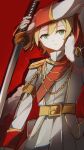  1girl :| absurdres aiguillette arm_on_own_head arm_up badge belt belt_buckle blonde_hair buckle cape chinese_commentary chromatic_aberration closed_mouth collared_jacket commentary_request cowboy_shot daiba_nana epaulettes fur-trimmed_cape fur_trim glint green_eyes grey_jacket grey_skirt hair_between_eyes highres holding holding_sword holding_weapon jacket katana long_sleeves looking_at_viewer looking_to_the_side monnku one_side_up pleated_skirt red_background red_cape red_sash red_sleeve_cuffs sash shadow short_hair shoujo_kageki_revue_starlight shoulder_sash side_cape skirt solo sword weapon yellow_belt yellow_trim 