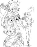  1girl alternate_costume breasts dragon_girl dragon_horns gloves greyscale gwongiyeon67479 highres hood hoodie horns long_hair looking_at_viewer magus_(zenless_zone_zero) mechanical_tail monochrome multiple_views office_lady orpheus_(zenless_zone_zero) pointy_ears simple_background tail white_background zenless_zone_zero 