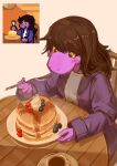 2025 absurd_res anthro beverage blueberry_(fruit) blush brown_hair clothed clothing coffee coffee_cup container cup cutlery deltarune eating eating_food female food fork fruit hair hi_res holding_fork humanoid_hands jacket kitchen_utensils long_hair maple_syrup pancake plant plate purple_body purple_skin reference_image saucer scalie shirt simple_background sitting snout solo susie_(deltarune) tools topwear undertale_(series) unknown_artist yellow_sclera