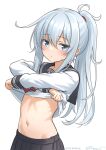  1girl alternate_hairstyle black_sailor_collar black_skirt blue_eyes commentary_request hibiki_(kancolle) kantai_collection long_hair navel neckerchief pleated_skirt ponytail ray.s red_neckerchief sailor_collar sailor_shirt shirt simple_background skirt solo undressing upper_body white_background white_hair white_shirt 