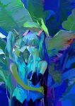  2girls abstract aqua_eyes aqua_hair aqua_necktie arms_around_waist athgil black_sleeves clone collared_shirt colorful cool_colored crying crying_with_eyes_open detached_sleeves foliage from_side grey_shirt hatsune_miku highres leaf long_hair multiple_girls nature necktie number_tattoo outdoors painterly shirt tattoo tears twintails vocaloid 