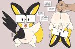2025 anthro arthur_(justkindofhere) balls belly black_body black_ears black_eyewear black_fur black_glasses black_hair black_nose black_tail braces butt carrying_another cross-popping_vein digital_media_(artwork) duo emolga english_text exclamation_point eyelashes eyewear freckled_face freckles front_view fur generation_5_pokemon genitals gesture glasses hair hand_on_tail hi_res holding_another justkindofhere male multicolored_body multicolored_fur navel nerd nintendo pokemon pokemon_(species) question_mark rear_view signature small_balls standing tail tail_grab tan_body tan_skin teeth text thick_thighs tongue two_tone_body two_tone_fur two_tone_tail waving white_body white_fur yellow_tail