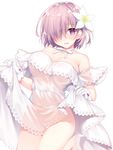 alternate_costume bare_shoulders breasts choker dress fate/grand_order fate_(series) flower gloves hair_flower hair_ornament hair_over_one_eye high_heels highres large_breasts mash_kyrielight miko_92 no_panties open_mouth purple_eyes purple_hair ribbon_choker see-through_silhouette short_hair simple_background skirt_hold smile solo white_background white_choker white_dress white_footwear white_gloves 