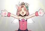  1girl =_= absurdres animal_ears animal_hands bare_shoulders bell blood blood_on_face bow cat_ears closed_eyes collar ebora english_commentary facing_viewer fang flat_chest gloves hair_bow highres injury moneko_(nyanko_daisensou) neck_bell nyanko_daisensou open_mouth outstretched_arms parted_lips paw_gloves pink_hair pink_shirt rock shirt short_hair solo spread_arms strapless strapless_shirt sweatdrop upper_body wings 