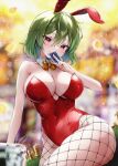  1girl blackjack_table blurry breasts casino depth_of_field fishnet_pantyhose fishnets green_eyes highres kazami_yuuka large_breasts leotard looking_at_viewer pantyhose playboy_bunny red_eyes red_leotard shironeko_yuuki short_hair sitting sitting_on_table solo table thighs touhou 