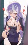  1boy 1girl absurdres alternate_costume black_dress black_jacket black_thighhighs blush breasts cleavage collarbone commentary covered_navel doorway dress english_commentary fingernails heart heart_in_eye highres jacket jacket_on_shoulders large_breasts long_hair looking_at_viewer may.l multicolored_hair nail_polish open_mouth pointy_ears pov pov_doorway pov_hands purple_hair purple_nails sidelocks steepled_fingers streaked_hair symbol_in_eye thighhighs thighs very_long_hair vivian_banshee wise_(zenless_zone_zero) zenless_zone_zero 
