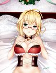  ahoge artist_name bell blonde_hair blush bra breasts detached_collar glasses green_eyes hair_between_eyes highres i-8_(kantai_collection) kantai_collection large_breasts long_hair omoomomo open_mouth red-framed_eyewear red_bra signature solo underwear 