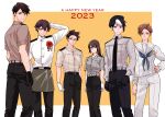  1girl 5boys absurdres axis_powers_hetalia belt beret black_hair border brown_eyes brown_hair ca_lamari collared_shirt dated feet_out_of_frame flower glasses gloves happy_new_year hat highres indonesia_(hetalia) jacket long_sleeves looking_at_viewer malaysia_(hetalia) multicolored_hair multiple_boys neckerchief orange_background pants philippines_(hetalia) ponytail purple_eyes sailor_collar shirt short_hair short_sleeves simple_background singapore_(hetalia) smile streaked_hair thailand_(hetalia) two-tone_hair vietnam_(hetalia) white_border white_hair 