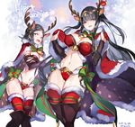  animal_ears antlers ario artist_name bangs bell black_eyes black_footwear black_hair black_legwear blunt_bangs boots bow bra breasts cape cleavage dated embarrassed fire_emblem fire_emblem:_kakusei fire_emblem_heroes green_bow hands_up highres large_breasts looking_at_viewer mother_and_daughter multiple_girls navel noire_(fire_emblem) panties red_bra red_legwear red_panties santa_costume smile snowflake_print standing stomach sweatdrop tharja thigh_boots thighhighs thighhighs_under_boots underwear 