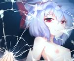  areolae armpit_crease bat_wings blue_hair breasts broken_mirror collarbone commentary_request eyebrows_visible_through_hair hair_ribbon hat nipples nude red_eyes red_ribbon remilia_scarlet ribbon ribs shattered shiny shiny_skin short_hair small_breasts smile solo tareme touhou wings zuo_wei_er 