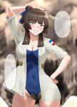  1girl blue_one-piece_swimsuit blunt_bangs blunt_sidelocks breasts casual_one-piece_swimsuit cleavage collared_shirt commentary_request covered_navel cowboy_shot dress_shirt freckles green_eyes hair_bun hand_on_own_hip highres ichikawa_feesu kantai_collection long_hair medium_breasts mogador_(kancolle) one-piece_swimsuit open_clothes open_shirt parted_bangs shirt sidelocks smile solo speech_bubble swimsuit template white_shirt 