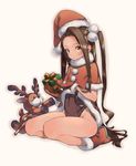  amana_(pocketkey) black_leotard blush brown_eyes brown_hair capelet christmas closed_mouth commentary_request forehead full_body fur_trim gift hair_bobbles hair_ornament half_updo hat highleg highleg_leotard highres holding holding_gift leotard long_hair looking_at_viewer mittens one_side_up original reindeer santa_costume santa_hat sidelocks sitting solo thighs very_long_hair wariza wavy_hair 