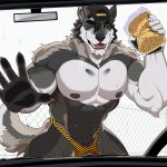 1:1 abs anthro bulge claws clothing digital_drawing_(artwork) digital_media_(artwork) eyebrows fur hat headgear headwear hi_res looking_at_viewer male napples navel open_mouth pecs solo sponge tail teeth wolfybuns