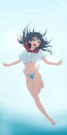  1girl :d absurdres air_bubble bikini bikini_bottom_only black_hair blue_bikini blue_eyes blue_sailor_collar breasts bubble commentary_request flower freediving full_body hair_flower hair_ornament highres long_hair looking_at_viewer medium_breasts musaki_(msaki666) navel neckerchief red_neckerchief sailor_collar sakugawa_school_uniform saten_ruiko school_uniform serafuku shirt side-tie_bikini_bottom smile solo swimsuit toaru_kagaku_no_railgun toaru_majutsu_no_index underwater white_shirt 
