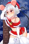  animal_ears bell bra breath capelet chimney christmas cloud gloves grey_hair hand_up hat highres midriff miniskirt mouse mouse_ears mouse_tail navel nazrin night off_shoulder outdoors red_bra red_eyes red_skirt rooftop sack santa_costume santa_hat skirt snow snowing solo tail tail_raised thighhighs tokoya_(ex-hetare) touhou underwear white_gloves white_hair white_legwear 