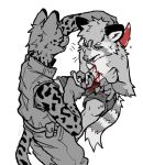 2023 4_fingers anthro blood blood_on_sword blood_on_weapon bodily_fluids bottomwear chest_wound claws clothed clothed_anthro clothed_male clothing curved_sword digital_drawing_(artwork) digital_media_(artwork) duo ear_piercing ear_ring eyebrows fangs felid feline finger_claws fingers fully_clothed fully_clothed_anthro fully_clothed_male fur head_tuft helregin hi_res holding_another holding_melee_weapon holding_object holding_sword holding_weapon male male/male male_anthro mammal markings melee_weapon monotone_background pants piercing procyonid raccoon ring_piercing serval severe_wound signature simple_background snout spot_color spots spotted_body spotted_fur spotted_markings spotted_tail stab stabbed_through striped_markings striped_tail stripes sword sword_in_body tail tail_markings teeth topless topless_anthro topless_male topwear torso_wound tuft vest weapon white_background wounded