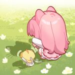  1girl ahoge animal animal_ears ankle_socks artist_request bloom_poetry_(shining_nikki) bow cat cat_ears cat_shadow_puppet_(meme) chibi chinese_commentary cloak clothed_animal commentary_request crossed_arms day dog dress dress_bow ear_covers fake_animal_ears field flower flower_field from_behind grass highres hood hood_up hooded_cloak light_particles long_hair long_sleeves mary_janes meme momo_(nikki) motion_lines nikki_(nikki) nikki_(series) official_art outdoors pink_dress pink_hair pink_shoes pleated_dress red_bow second-party_source shadow shining_nikki shirt shoes short_dress socks squatting striped_clothes striped_shirt vertical-striped_clothes vertical-striped_shirt white_cat white_flower white_shirt white_socks yellow_cloak 