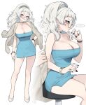  1girl black_nails blue_dress blush bracelet breasts cleavage colored_eyelashes dress earrings full_body glasses hair_ornament highres jacket jacket_on_shoulders jewelry large_breasts makeup meg_(wakamepiza) multiple_views nail_polish necklace original purple_eyes short_dress sitting smile solo strapless strapless_dress thick_eyebrows tube_dress wakamepiza watch white_eyelashes white_hair white_jacket 