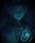  1boy anemo_symbol_(genshin_impact) aqua_gemstone black_bodysuit black_hair black_kimono blue_theme blunt_ends bodysuit closed_eyes closed_mouth eyelashes facing_viewer fingernails gem genshin_impact glowing_gem hand_up highres japanese_clothes juban kimono male_focus mandarin_collar multicolored_hair open_clothes open_hand open_kimono portrait purple_hair scaramouche_(genshin_impact) shihatsu_0 solo streaked_hair vision_(genshin_impact) wanderer_(genshin_impact) watercolor_effect 