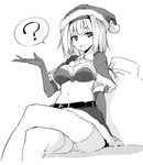  ? alice_margatroid bangs belt bra breasts capelet cleavage commentary crossed_legs elbow_gloves eyebrows_visible_through_hair gloves greyscale hand_up hat kamukamu_(ars) looking_at_viewer medium_breasts miniskirt monochrome open_mouth panties pantyshot pantyshot_(sitting) santa_costume santa_hat simple_background sitting skirt solo spoken_question_mark thighhighs touhou underwear white_background 