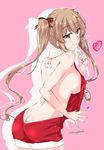  ass back bare_shoulders blush breasts brown_hair butt_crack commentary_request hair_ribbon kantai_collection large_breasts long_hair meme_attire mikage_takashi murasame_(kantai_collection) red_eyes ribbon santa_costume sideboob smile solo twintails twitter_username virgin_killer_sweater 
