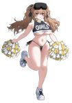  1girl absurdres alternate_costume bare_arms bare_legs bare_shoulders black_panties black_ribbon black_shirt blush breasts brown_hair character_name cheerleader closed_mouth clothes_writing commentary_request crop_top cropped_shirt darue dripping_sweat english_text eyewear_on_head foot_up full_body girls'_frontline girls'_frontline_2:_exilium groin hair_between_eyes hair_ribbon head-mounted_display heart heart-shaped_pupils highleg highleg_panties highres holding holding_pom_poms invisible_floor korean_commentary large_breasts legs lenna_(girls'_frontline_2) light_blush light_smile long_hair looking_at_viewer micro_panties navel no_pants no_socks panties partially_visible_vulva pom_pom_(cheerleading) red_eyes revealing_clothes ribbon running shirt shoes side-tie_panties simple_background sleeveless sleeveless_shirt smile sneakers solo standing standing_on_one_leg stomach string_panties sweat sweaty_breasts symbol-shaped_pupils thick_thighs thighs twintails ump9_(girls'_frontline) underboob underwear very_sweaty white_background white_pom_poms white_shoes white_sneakers white_trim yellow_pom_poms yellow_trim 