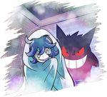  1girl al_bhed_eyes black_eyes gengar ghost grin hex_maniac_(pokemon) npc_trainer open_mouth pokemon pokemon_(creature) pokemon_(game) pokemon_xy purple_hair red_sclera scared smile source_request teeth 