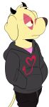 2025 2_horns anthro beargarbage bird_dog black_bottomwear black_clothing black_hoodie black_horn black_pants black_topwear blonde_hair bottomwear brown_nose canid canine canis clothing demon digital_media_(artwork) domestic_dog eye_markings fan_character fur hair half-closed_eyes hand_in_pocket helluva_boss hi_res hoodie horn hunting_dog hybrid jack_kibou_(beargarbage) labrador looking_away male mammal markings multicolored_clothing multicolored_topwear narrowed_eyes pants pink_clothing pink_topwear pockets red_clothing red_eyes red_hoodie red_topwear retriever simple_background solo standing tail topwear two_tone_clothing two_tone_hoodie two_tone_topwear white_background yellow_body yellow_ears yellow_fur yellow_tail