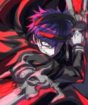  1boy absurdres black_cape cape chamuchai commentary_request constricted_pupils earrings evil_grin evil_smile eyepatch glint grin highres holding holding_weapon jewelry last_defense_academy_school_uniform long_sleeves looking_at_viewer male_focus omokage_yugamu pink_eyes purple_hair school_uniform short_hair sketch smile solo the_hundred_line_-last_defense_academy- weapon 