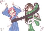  &gt;_&lt; :d ama_usa_an_uniform apron arms_up bangs black_hair blue_kimono blunt_bangs blush closed_eyes cowboy_shot dated eyebrows_visible_through_hair flat_chest flower frilled_apron frills gochuumon_wa_usagi_desu_ka? green_eyes green_kimono hair_flower hair_ornament hetareeji japanese_clothes kimono long_hair long_sleeves looking_at_viewer maid_apron motion_lines multiple_girls natsu_megumi obi_spin open_mouth parted_bangs red_hair ribbon signature simple_background smile spinning standing striped sweat twintails ujimatsu_chiya v-shaped_eyebrows vertical-striped_kimono vertical_stripes wavy_hair wavy_mouth white_apron white_background white_flower white_ribbon wide_sleeves 