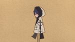  1boy absurdres aiguillette blood blood_on_face blunt_ends brown_outline cardboard cardboard_cutout closed_mouth coat expressionless eyeliner eyeshadow fatui_coat from_side fur-trimmed_coat fur-trimmed_hood fur_trim genshin_impact highres hood hood_up hooded_coat lapels looking_to_the_side makeup male_focus miaoyeza233 mid-stride outline profile purple_eyes purple_hair red_eyeliner red_eyeshadow scaramouche_(genshin_impact) solo walking white_coat white_hood 