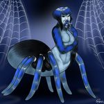  arachnid arthropod black_fur black_hair blue_eyes blue_fur blue_hair blue_lips breasts featureless_breasts female fur hair helllemur looking_at_viewer multicolored_hair nude simple_background solo spider spidertaur spiderweb standing taur two_tone_hair 