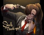  1girl absurdres black_coat black_vest bottle brown_hair cigarette coat collared_shirt commission gun gun_to_head high_ponytail highres holding holding_bottle holding_gun holding_weapon lapels lcb_uniform_(project_moon) limbus_company long_hair looking_at_viewer necktie notched_lapels open_mouth original parted_bangs ponytail project_moon red_necktie revolver shirt skeb_commission smile solo very_long_hair vest weapon white_shirt yatsumeunagi 