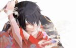  1boy bandage_over_one_eye bandages black_hair cosplay floral_print gintama highres holding holding_smoking_pipe japanese_clothes katsura_kotarou katsura_kotarou_(cosplay) kimono kiseru male_focus red_eyes red_kimono smile smoke smoking smoking_pipe solo takasugi_shinsuke uuqt7 white_background 