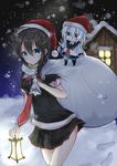  absurdres ahoge anchor_symbol bangs black_hair blue_eyes blurry blurry_background blush braid building chibi christmas commentary_request eyebrows_visible_through_hair footprints hair_between_eyes hair_flaps hair_ornament hair_ribbon hairpin hat hibiki_(kantai_collection) highres holding holding_sack kantai_collection lamp long_sleeves looking_at_viewer multiple_girls necktie night night_sky outdoors pleated_skirt pom_pom_(clothes) remodel_(kantai_collection) ribbon sack santa_hat scarf school_uniform serafuku shigure_(kantai_collection) short_sleeves single_braid skirt sky smile snow snowing star_(sky) uzuki_tsukuyo white_hair 