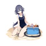  1girl barefoot beach black_hair blue_eyes blue_one-piece_swimsuit breasts cici closed_mouth cooler crab fu_hua full_body holding honkai_(series) honkai_impact_3rd long_hair looking_at_viewer one-piece_swimsuit ponytail sand small_breasts starfish swimsuit toes 