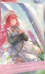  1girl artist_request blue_sky bow buttons cloud collared_shirt commentary copyright_name country_lolita day dress english_commentary english_text floral_print flower frilled_dress frills full_body green_bow green_pastoral_(shining_nikki) green_shirt happy hat hat_flower headscarf highres interlocked_fingers kneeling lace-trimmed_headwear lace_trim lavender_(flower) leaf logo lolita_fashion long_dress long_hair long_sleeves nikki_(nikki) nikki_(series) official_art on_grass outdoors own_hands_together pill pillar pinafore_dress pink_flower pink_hair pink_rose plaid_clothes plaid_shirt praying puffy_long_sleeves puffy_sleeves purple_flower rose second-party_source shining_nikki shirt sidelocks sky sleeveless sleeveless_dress solo very_long_hair waist_bow white_dress white_headscarf wind zoom_layer 