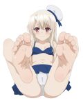 1girl absurdres ass barefoot blue_bra blue_skirt blush bra breasts cameltoe closed_mouth fate_(series) feet foot_focus foreshortening full_body hair_between_eyes hat highres illyasviel_von_einzbern long_hair looking_at_viewer lying on_back panties presenting_foot red_eyes sailor_hat simple_background skirt small_breasts smile soles solo toes underwear white_background white_hair white_hat white_panties zorzero 