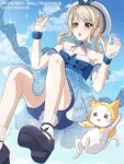  1girl animal artist_name aya_(smalltrashpanda) back_bow bare_legs bare_shoulders beads beret black_bow black_shoes blonde_hair bloomers blue_bloomers blue_bow blue_bowtie blue_brooch blue_choker blue_dress blue_sky blue_sleeves blue_wrist_cuffs bow bow_choker bowtie brown_eyes bubble_print bubbly_voyage_(infinity_nikki) buttons cat choker cloak clothed_animal cloud collarbone collared_dress day detached_sleeves dot_nose dress ear_covers eyelashes falling floating_clothes foot_out_of_frame footwear_bow frilled_choker frilled_dress frilled_sleeves frilled_socks frilled_wrist_cuffs frills hair_ornament hair_rings hairclip hat hat_bow high_heels hood hood_up hooded_cloak infinity_nikki light_blush looking_ahead mary_janes medium_hair momo_(nikki) nikki_(nikki) nikki_(series) open_mouth outdoors pumps rabbit_hair_ornament red_bow red_bowtie see-through_clothes see-through_socks shoes short_dress short_sleeves sky smile socks sparkle star_(symbol) star_choker strapless strapless_dress striped_clothes striped_dress swept_bangs teeth traditional_bowtie upper_teeth_only vertical-striped_clothes vertical-striped_dress watermark whiskers white_cat white_hat white_socks wrist_cuffs yellow_cloak 