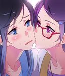  biting blue_eyes blue_hair blush cheek_biting dokidoki!_precure glasses hair_ornament hairclip hishikawa_rikka kenzaki_makoto long_hair looking_at_another multiple_girls negom open_mouth precure purple_eyes purple_hair red-framed_eyewear short_hair simple_background upper_body white_background yuri 