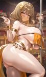  1girl absurdres anis_(nikke) armlet armpit_crease ass blush bracelet breasts brown_eyes brown_hair curvy goddess_of_victory:_nikke gold_bracelet grin hair_ornament hand_up heart highres huge_breasts jewelry mouth_veil pelvic_curtain plump pole raskasar short_hair smile solo stripper_pole v veil yellow_eyes 