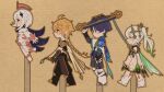  2boys 2girls absurdres aether_(genshin_impact) ahoge arm_at_side armlet armor belt black_belt black_boots black_bridal_gauntlets black_cape black_eyes black_leggings black_shorts blonde_hair blue_cape blue_gemstone blue_hat blue_sleeves blunt_ends blush boots bridal_gauntlets brown_halo brown_outline brown_pants brown_shirt cape cardboard_cutout closed_eyes closed_mouth cropped_shirt detached_sleeves diamond_hair_ornament dress earrings eyelashes eyeliner eyeshadow facing_another facing_to_the_side feathers floating from_side gem genshin_impact gold gold_ring gold_trim green_cape green_hair green_sleeves hair_ornament hakama hakama_shorts halo hand_up hat heart heart_hair_ornament highres japanese_armor japanese_clothes jewelry jingasa kote kurokote layered_sleeves leg_warmers leggings levitation long_hair looking_at_another looking_to_the_side low-braided_long_hair low-tied_long_hair makeup mechanical_halo miaoyeza233 mid-stride middle_ring multicolored_hair multiple_boys multiple_girls nahida_(genshin_impact) open_hand open_mouth outline paimon_(genshin_impact) pants pauldrons pleated_shorts pointy_ears pom_pom_(clothes) profile purple_eyes purple_hair purple_rope purple_sash red_eyeliner red_eyeshadow rope sash scaramouche_(genshin_impact) scarf shirt shoes short_hair short_hair_with_long_locks short_sleeves shorts shoulder_armor side_ponytail sidelocks sideways_mouth single_pauldron single_thighhigh smile socks stirrup_footwear stirrup_legwear streaked_hair tassel thighhighs toeless_legwear vambraces vision_(genshin_impact) wanderer_(genshin_impact) white_cape white_dress white_hair white_leg_warmers white_romper white_scarf white_shoes white_sleeves white_socks white_thighhighs white_trim yellow_eyes yellow_feathers 