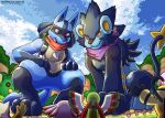 ambiguous_gender anthro avian black_body blue_body canid canine chameleon chansey crouching duo electivire felid feral generation_1_pokemon generation_2_pokemon generation_3_pokemon generation_4_pokemon hi_res kecleon lizard lucario luxray macro male mammal marowak nintendo pokemon pokemon_(species) pokemon_mystery_dungeon red_eyes reptile scalie scarf spike_chunsoft tail town treasure_town wolfmalro xatu yellow_eyes
