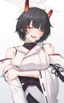  1girl arm_under_breasts black_hair blue_archive blunt_bangs breasts broken_horn bruise bruise_on_arm bruise_on_face bruise_on_shoulder detached_sleeves earrings flying_sweatdrops fuka_kurotsuji gradient_horns halo highres holding_own_arm hoop_earrings horns injury japanese_clothes jewelry kimono large_breasts looking_at_viewer mole mole_under_eye multicolored_horns multiple_moles niya_(blue_archive) one_eye_closed open_mouth orange_eyes orange_horns short_hair sideboob sideless_kimono simple_background sleeveless sleeveless_kimono smile solo torn_clothes upper_body v-shaped_eyebrows white_background white_halo white_kimono white_sleeves 
