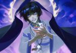  1boy arhnt black_hair blue_fire clothing_cutout clutching_chest crying crying_with_eyes_open eyelashes eyeliner eyeshadow feathers fire genshin_impact grey_lips hands_on_own_chest hands_up highres japanese_clothes kariginu layered_sleeves long_sleeves looking_up makeup male_focus open_mouth pale_skin pom_pom_(clothes) purple_eyes purple_sash purple_sleeves purple_veil red_eyeliner red_eyeshadow sash scaramouche_(genshin_impact) scaramouche_(kabukimono)_(genshin_impact) shoulder_cutout solo string sun tasuki tears upper_body veil white_mouth white_sleeves wide-eyed wide_sleeves yellow_feathers 