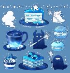  artist_name blue_background blue_theme cake cake_slice cup food food_focus fork ghost highres holding holding_fork holding_spoon horns hoshikui macaron no_humans original oversized_object plate shoutarou_(shoutarotttt) simple_background spoon star_(symbol) steam 