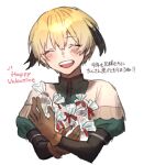  1girl blonde_hair blush blush_stickers brown_gloves brown_hair chickenuma_0 chocolate closed_eyes commentary_request cropped_torso fate/grand_order fate_(series) gareth_(fate) gareth_(first_ascension)_(fate) gloves hair_between_eyes happy_valentine multicolored_hair open_mouth short_hair simple_background smile solo streaked_hair teeth translation_request upper_teeth_only white_background 
