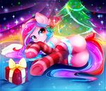  &lt;3 2017 bed bedding blanket bow butt christmas christmas_lights christmas_tree clothing cute earth_pony equine eyebrows eyelashes fan_character female friendship_is_magic gift hair hi_res holidays holly_(plant) horse koveliana legwear lights looking_at_viewer lying makeup mammal mascara mostly_nude my_little_pony on_side plant pony presenting presenting_hindquarters purple_eyes purple_hair ribbons smile solo sparkles stockings striped_legwear striped_stockings stripes tree 