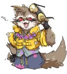  1boy animal_ears ao_gravity black_gloves fangs fingerless_gloves flower flower_necklace furry furry_male gloves guardians_of_the_galaxy hand_on_own_hip highres holding holding_removed_eyewear life_vest male_focus marvel marvel_rivals open_mouth raccoon_boy raccoon_ears raccoon_tail red_eyes rocket_raccoon rubber_duck smile tail translation_request unworn_eyewear white_background 
